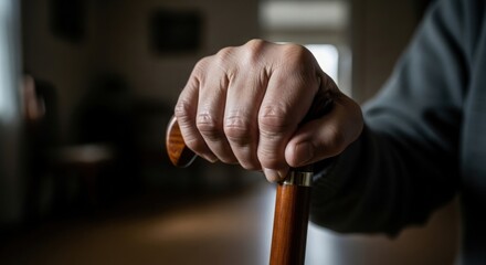 Senior hand gripping cane for support and mobility assistance aging gracefully with walking aidelderly care and loneliness, concept