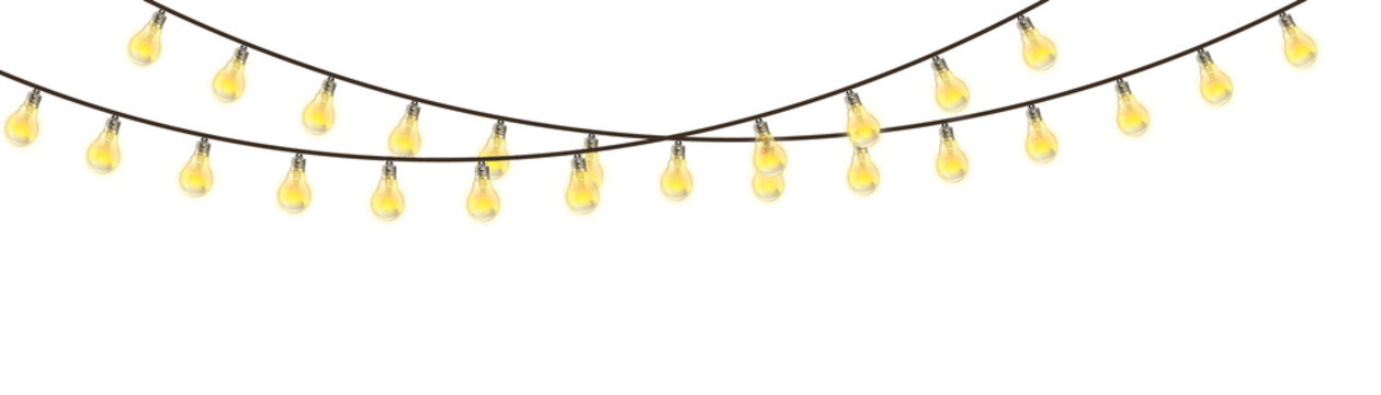 String of illuminated Edison bulbs on a dark wire string lights isolated on a transparent background