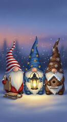 Naklejka premium Illustration of three cartoon gnomes standing in snowy landscape holding lantern and birdhouse, representing winter holiday season, cheer, and home