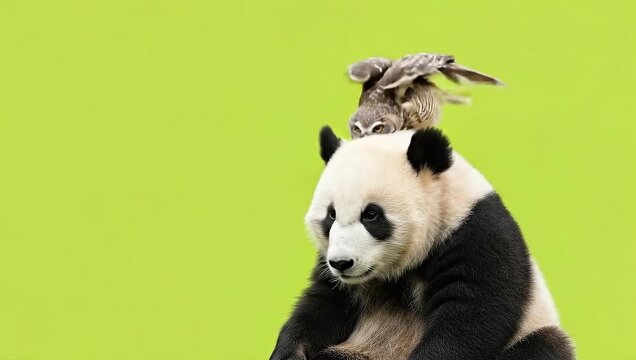 Giant panda with a bundle of bamboo on its head against a greenscreen
