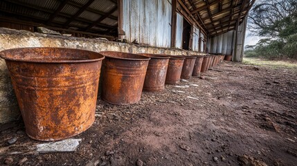 Numerous rusty metal buckets lined up against the weathered wall of an abandoned industrial building