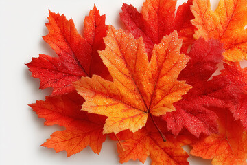Vibrant autumn maple leaves with dew on white background highlighting fall colors