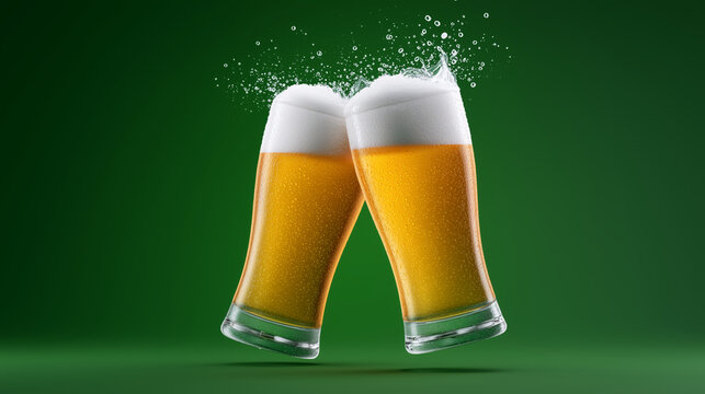 two beer glasses clinking with dynamic splash on dark green background for bar advertising, brewery marketing campaigns, drink menu covers, party invitations, festive banners, oktoberfest