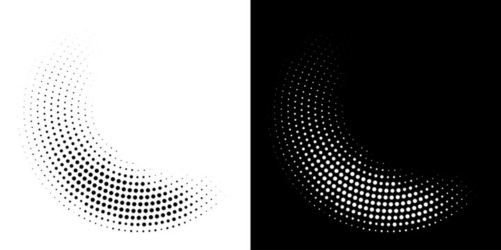 Halftone Circular Dot Pattern. Circle Frame using Halftone Dots Raster Texture. Polka Dots. Spiral logo Icon. Radial design element. Vector Illustration.