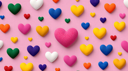 Groovy Retro Repeat, valentine: Colorful hearts form playful pattern, radiating joy and affection across pink surface, cheerful and vibrant display