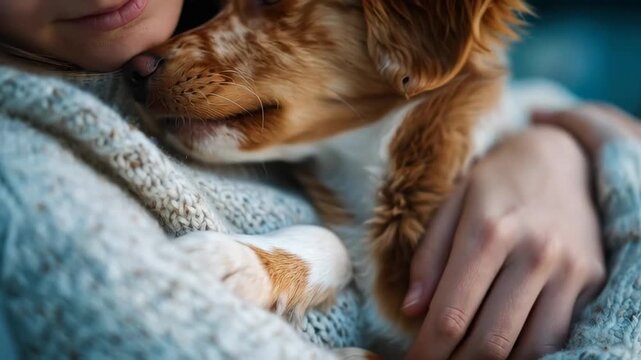 Adorable puppy nestled in cozy arms, showcasing affection and warmth, with gradual zoom in capturing intimate moments of connection and love