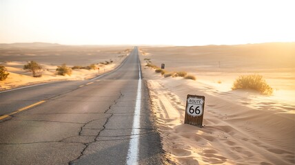 A lonely desert highway stretches into the distance under a golden sunset with a graffiti covered signpost on the dusty roadside