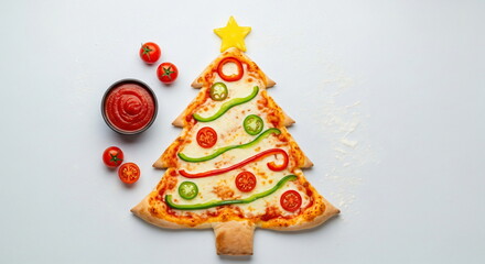 Obraz premium Christmas tree shaped pizza with melted cheese pull. Festive holiday appetizer for celebration. Cloud Dancer Color of the Year 2026