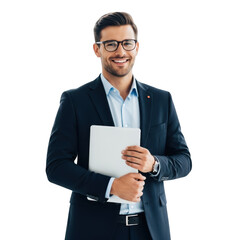 Smiling businessman holding documents isolated on transparent background