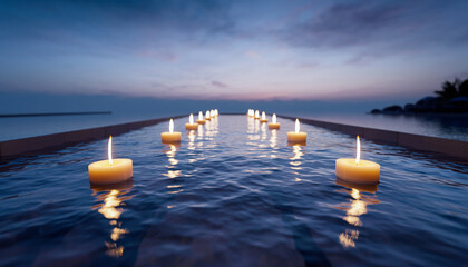 Floating candles illuminate a tranquil infinity pool at dusk.