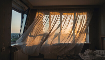 Open window with sheer curtains blowing in the breeze at sunset.