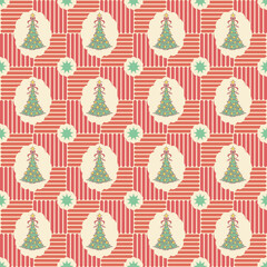 Seamless pattern with Christmas tree on red and beige background. Repeat season greetings wallpaper.