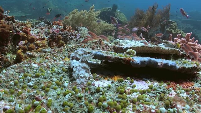 A master of disguise, the stonefish blends perfectly with the reef. Several small reef fish swim nearby, unaware of the camouflaged predator in its natural habitat of Indonesia at daytime.