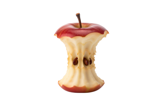 Red apple core stands upright, revealing its seeds against a transparent background