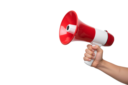Man shouting through megaphone isolated on transparent background