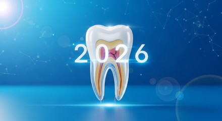 Dental Care and New Year 2026 Concept - A 3D tooth model with the year 2026 on a blue background, symbolizing dental health, future care, new beginnings, innovation, and technological advancement in