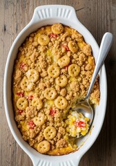 Delicious Corn Casserole with Red Peppers and Crackers - Comfort food heaven! This creamy corn casserole topped with buttery crackers and sweet peppers is a dish full of warmth, simplicity,