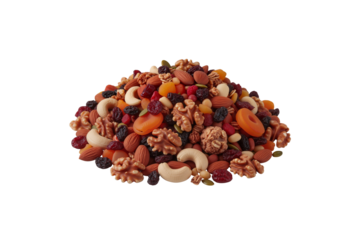 Vibrant, overflowing pile of assorted nuts and dried fruits, isolated on transparent background, png
