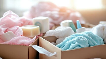 Piles of donated toiletries including soap bars and toothpaste packed in boxes for distribution