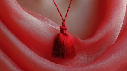 Close-up of a red tassel hanging from a red string. the tassels are made of a shiny, shiny material and are attached to the string with a knot at the top.