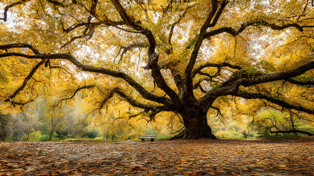 Majestic ancient oak tree in autumn with golden yellow leaves - Powered by Adobe