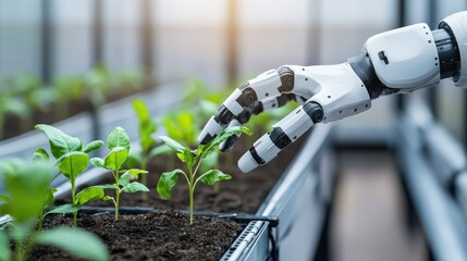A robotic hand gently tends to young plants in a modern greenhouse, showcasing the fusion of technology and agriculture.
