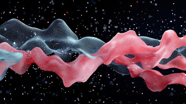 Two flowing, wavy mesh structures, one pink and one blue, are suspended in a dark space filled with small, sparkling particles.