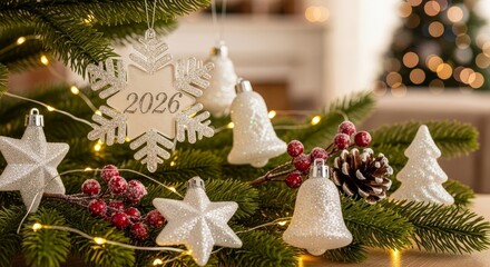 Festive Holiday Scene with Glittering Ornaments - A bright holiday display featuring glittering ornaments on pine branches. Symbolizes joy, peace, hope, new beginnings and winter festivities