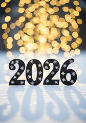 Festive New Year 2026 - Celebrating the upcoming year 2026 with a festive display of glittering numbers on snow and blurred golden lights