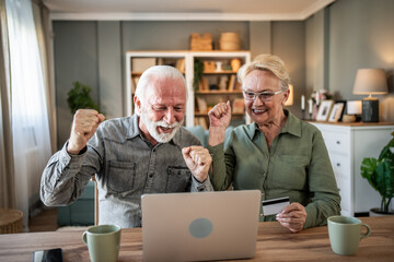 Senior couple celebrating online shopping success with laptop