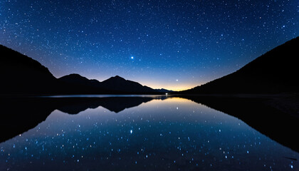 Starry night sky reflected in a calm lake with silhouetted mountains.