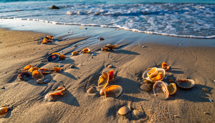 Seashells and pebbles scattered on a sandy beach with gentle waves.