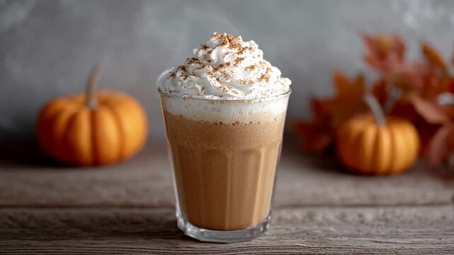 Autumn-themed latte with whipped cream, cozy seasonal drink with pumpkins, warm and inviting fall beverage perfect for Thanksgiving