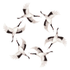 Wreath of flying japanese cranes. Watercolor illustration of crane. Delicate illustration for fabric, wallpaper, greeting cards, design, decoration and illustration.
