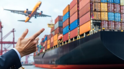 A business professional gestures towards a large cargo ship at a bustling port, with an airplane flying above, symbolizing global trade and logistics.
