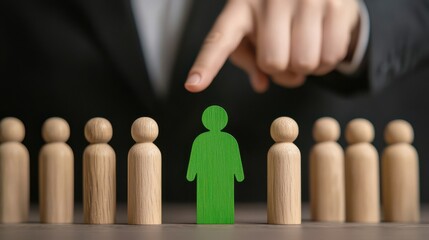 A hand points to a green figure among wooden figures, symbolizing selection, leadership, or emphasis on individuality in a professional context.