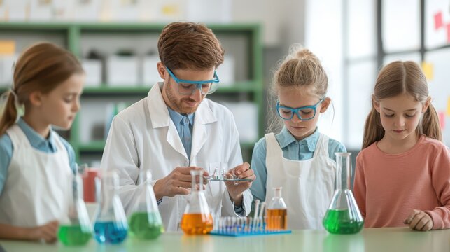 A teacher guides children in a science lab, demonstrating experiments with colorful liquids in glassware.