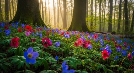 Floral Bloom in Forest Glade - Vibrant wildflowers carpet the forest floor, illuminated by soft sunlight filtering through the trees, creating a peaceful natural scene