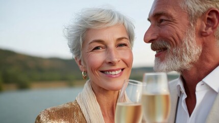 Middle-aged couple toasting with champagne glasses. they are standing close together and smiling at each other. the woman has short white hair and is wearing a gold sequin top.