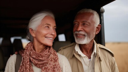 Elderly african-american couple standing in the back of a truck. the woman is on the left side of the image, wearing a beige sweater and a red scarf. she has white hair and is smiling at the camera.