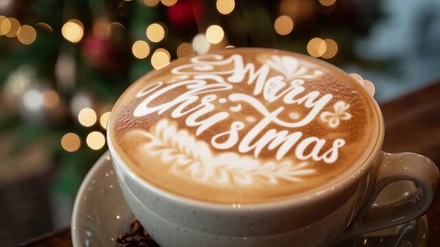 A delicious Merry Christmas cappuccino with elegant latte art and twinkling Christmas tree background, perfect for festive holiday greetings and cozy moments
