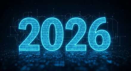 Future Concept Year Two Thousand Twenty Six - Glowing blue representation of the year 2026, symbolizing technology, innovation, progress, future, and connectivity