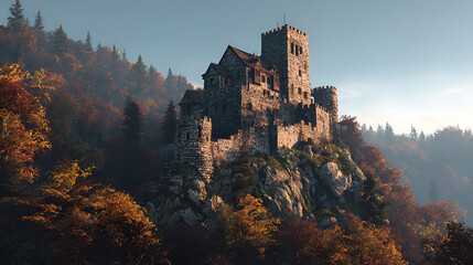 Ancient stone castle perched on a rocky cliff surrounded by autumn forest