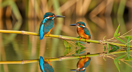 Pair of Kingfishers Perched on Bamboo Over Reflective Water