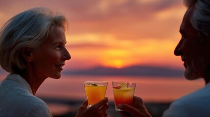 Man and a woman holding glasses of orange juice and enjoying a beautiful sunset. they are standing on a balcony overlooking the ocean, with the sun setting in the background.