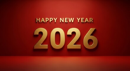 Golden 2026 on Red New Year Greeting - Embossed golden 'Happy New Year 2026' on deep red. Symbolizing prosperity, hope, joy, celebration, and future anticipation