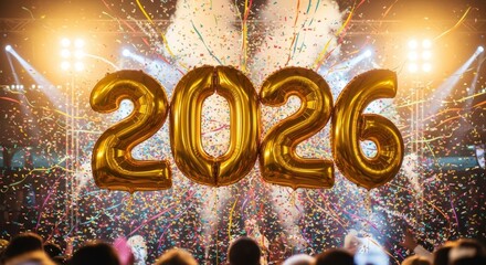 Golden Balloons Celebrate 2026 - Shiny golden balloons spell out 2026 amidst a flurry of confetti, streamers, and bright stage lights