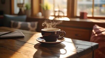 Warm morning sunlight streams across a rustic wooden table illuminating a steaming cup of coffee on a saucer