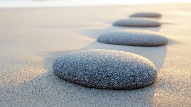 Smooth gray granite pebbles carefully arranged in a line on a sandy beach with soft sunlight
