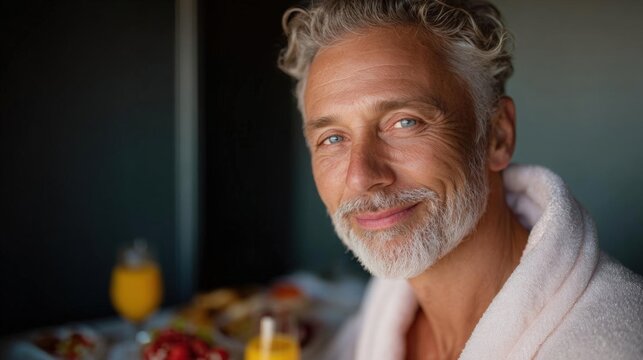 Close-up portrait of a middle-aged man with grey hair and a white beard. he is wearing a white bathrobe and is looking directly at the camera with a slight smile on his face. - Powered by Adobe